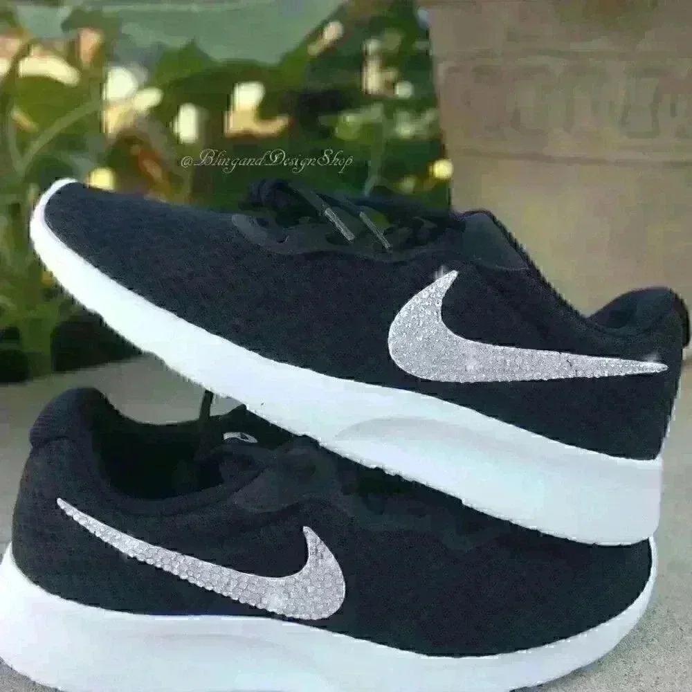 Nike Swarovski Women's Nike Tanjun Sneakers Black White Customized with Crystals